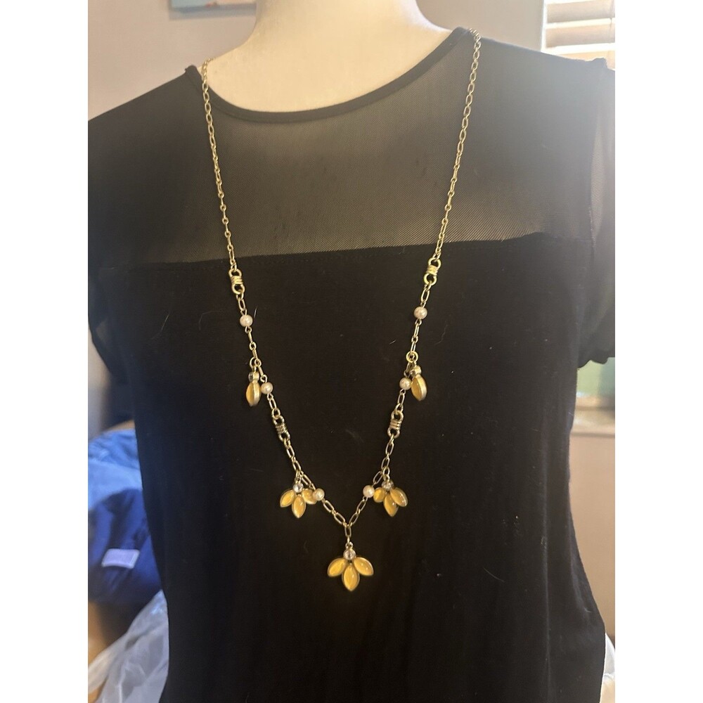 Lia Sophia Gold Tone Floral Necklace Yellow Enamel Petal Dangle Rhinestone